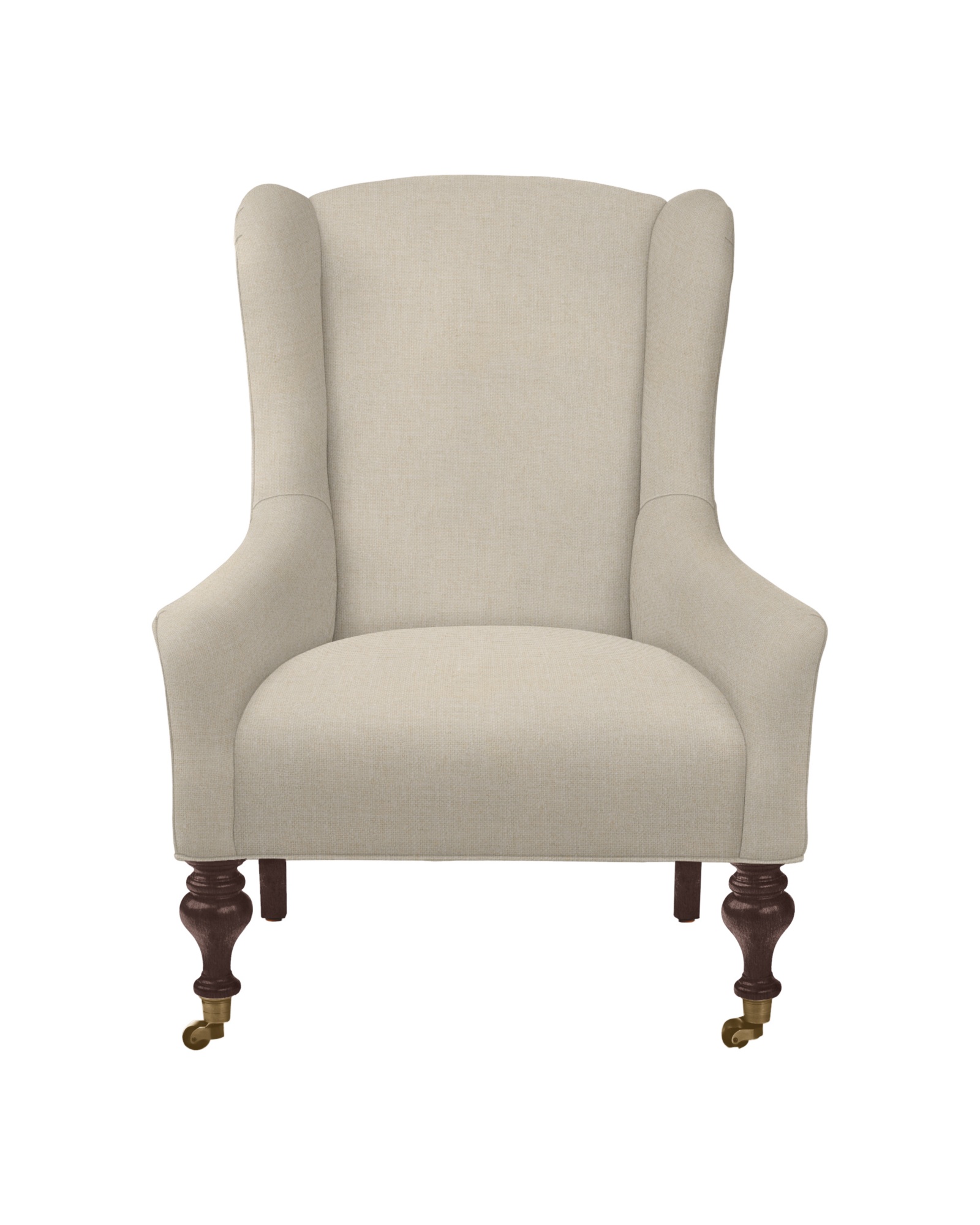 Serena & Lily Lowell Wingback Chair Linen Fabric Sand Leg and Caster Dark Walnut Natural Brass
