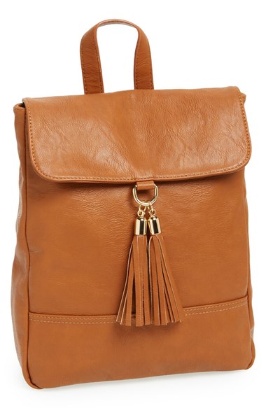 Sole Society 'Ellie' Faux Leather Fringe Mini Backpack Cognac