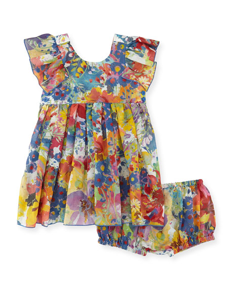 Stella McCartney Chestnut Floral Chiffon Dress w/ Bloomers Multicolor, Size 12-24 Months
