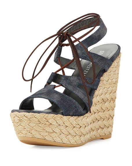 Stuart Weitzman Tie Girl Bingo Denim Platform Sandal Navy