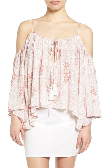 Sun & Shadow Cold Shoulder Bell Sleeve Top Red Persimmon Faded Boho Print cold shoulder tops for spring