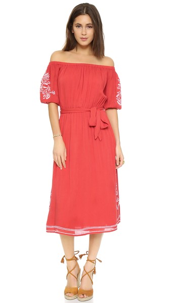 TULAROSA Marty Embroidered Midi Off The Shoulder Dress Watermelon 