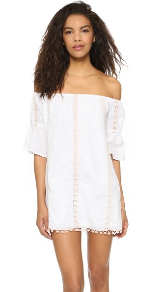 TULAROSA Sara Embroidered Off The Shoulder Dress White with Pom-Poms Hem