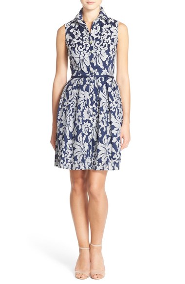 Taylor Dresses Embroidered Cotton Voile Shirt Dress Navy Blue White