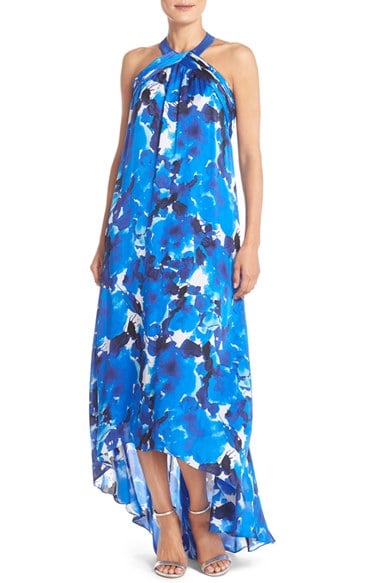 Theia Floral Print Silk Trapeze Gown Royal Blue trapeze dresses for easter
