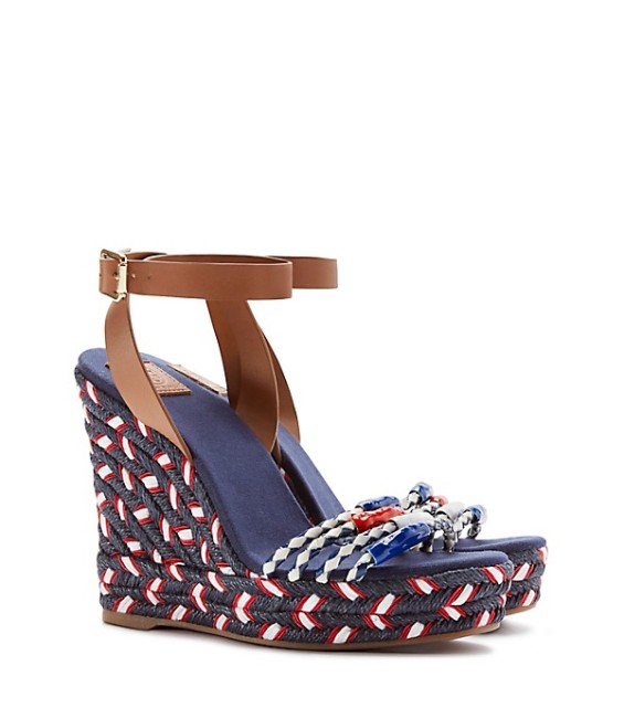Tory Burch BRAIDED LEATHER WEDGE IVORY-TORY NAVY/TORY NAVY