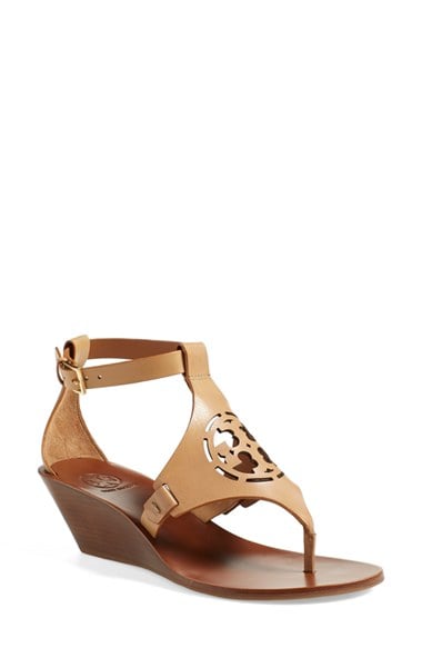 Tory Burch 'Zoey' Wedge Sandal (Women) Sand Leather (Black Leather, Bright Navy Leather)