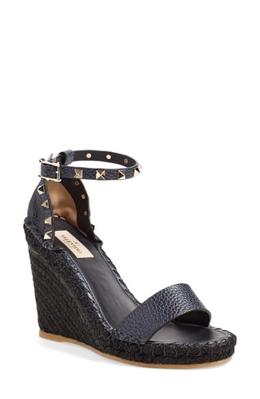 Valentino 'Rockstud' Wedge Espadrille Sandal (Women) Denim Leather wedge sandals 