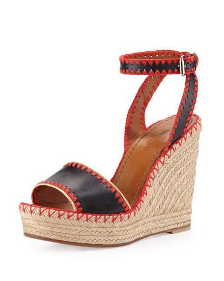 Valentino Whipstitch Ankle-Wrap Espadrille Sandal Nero/Coral/Avocado