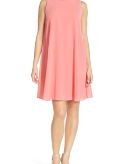 Vince Camuto Mock Neck Chiffon Trapeze Dress Guava