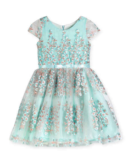 Zoe Cap-Sleeve Floral Embroidered Tulle Dress Blue, Size 2-6 easter dresses for little girls