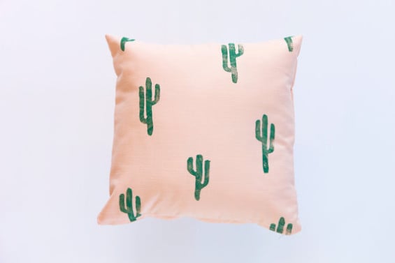 16x16 Green and Peach Cactus Print Pillow, cotton and linen confettiriotshop