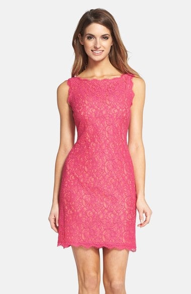 Adrianna Papell Boatneck Lace Sheath Dress (Regular & Petite) Fuchsia Guava  a-line dresses for the kentucky derby