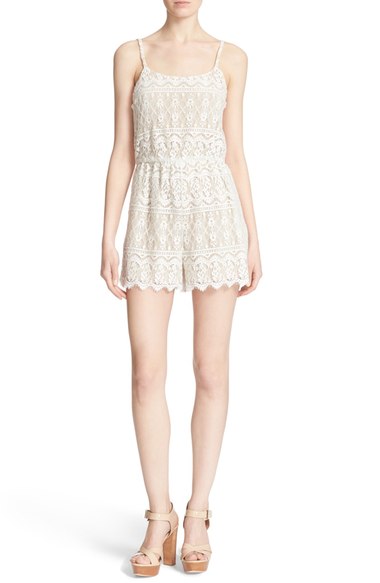 Alice + Olivia 'Cassia' Lace Romper Ivory Natural lace rompers for spring