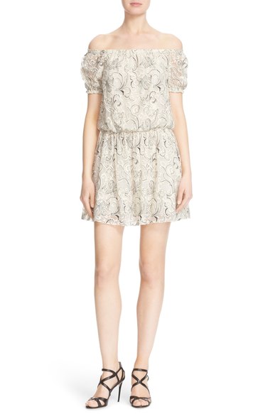 Alice + Olivia 'Janell' Embroidered Off the Shoulder Dress Cream Black off the shoulder kentucky derby dresses 2016