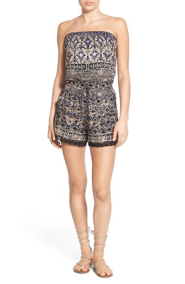 Angie Strapless Print Crochet Lace Trim Romper Navy Blue