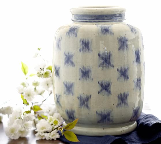 BLUE IKAT TERRA COTTA VASE Pottery Barn 