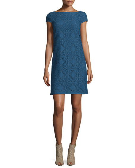 Burberry London Cap-Sleeve Lace Shift Dress Iris Blue