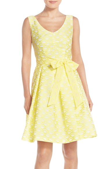 Chetta B Scallop Print Organza Fit & Flare Dress Daffodil Yellow