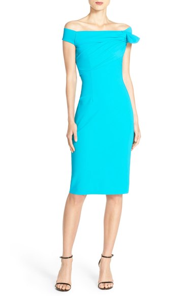 Chiara Boni La Petite Robe 'Graziella' Ruched Jersey Midi Dress Turquoise off the shoulder kentucky derby dresses 2016