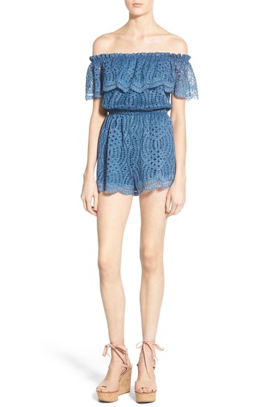 Devlin 'Tegan' Off the Shoulder Lace Romper Denim lace rompers for spring