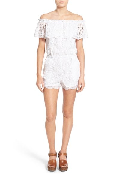 Devlin 'Tegan' Off the Shoulder Lace Romper White lace rompers for spring
