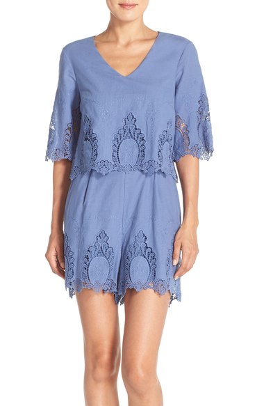ECI Embroidered Cotton Popover Romper Blue embroidered rompers for spring