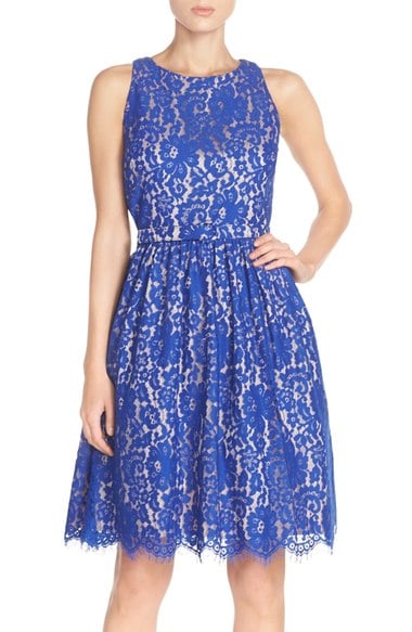 Eliza J Cutout Back Lace Fit & Flare Dress (Regular & Petite) Cobalt Blue fit and flare dresses kentucky derby