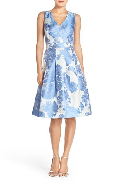 Eliza J Floral Jacquard Fit & Flare Dress Blue Print fit and flare dresses for kentucky derby