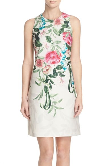 Eliza J Placed Floral Print Stretch A-Line Dress (Regular & Petite) Green Multi a-line dresses for the kentucky derby