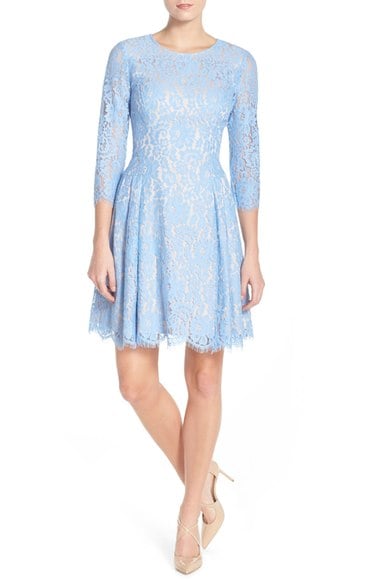 Eliza J Pleat Lace Fit & Flare Dress (Regular & Petite) Blue