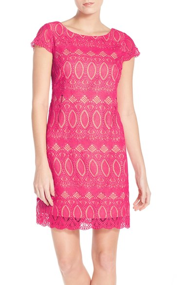 Eliza J Scalloped Lace Sheath Dress (Regular & Petite) Pink