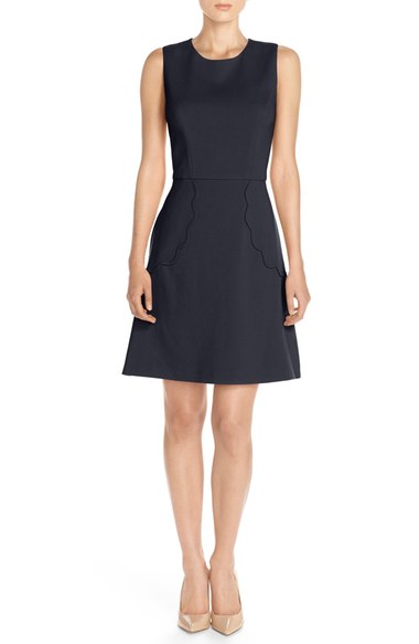Eliza J Scalloped Pocket Crepe A-Line Dress (Regular & Petite) Navy Blue