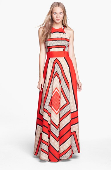 Eliza J Scarf Print Crêpe de Chine Fit & Flare Maxi Dress (Regular & Petite) Pink a-line dresses for the kentucky derby