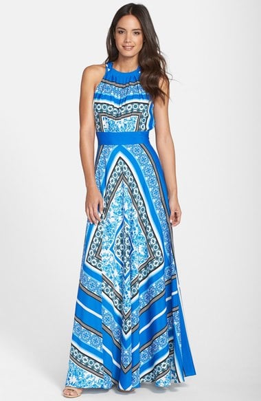 Eliza J Scarf Print Halter Crêpe de Chine Maxi Dress (Regular & Petite) Blue Kentucky Derby