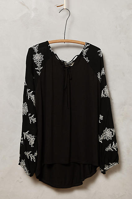 En Elle Embroidered Lace-Up Top Black White Anthropologie Extra 40% Off Sale