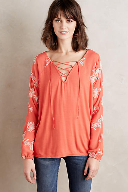 En Elle Embroidered Lace-Up Top Coral Anthropologie Extra 40% Off Sale