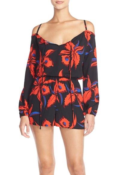 Fraiche by J Floral Print Cold Shoulder Romper Red Flower