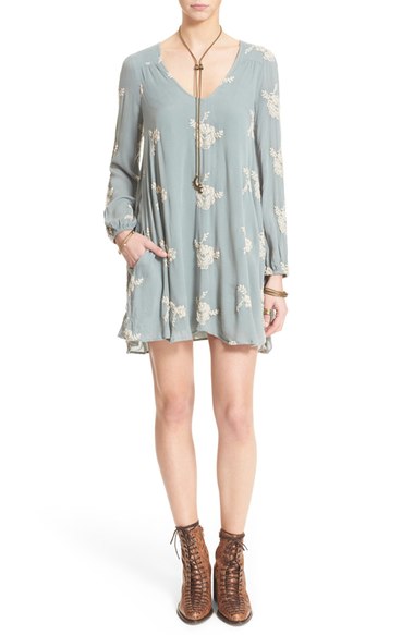 Free People 'Emma's' Embroidered Swing Dress Misty Green casual swing dresses