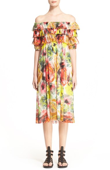 Fuzzi Floral Print Off the Shoulder Ruffle Tulle Dress Yellow Multi