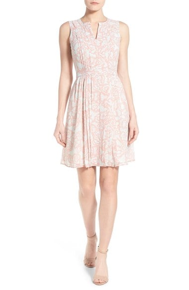 Halogen® Pleated Fit & Flare Dress (Regular & Petite) Blue- Coral Floral Dot fit and flare dresses kentucky derby