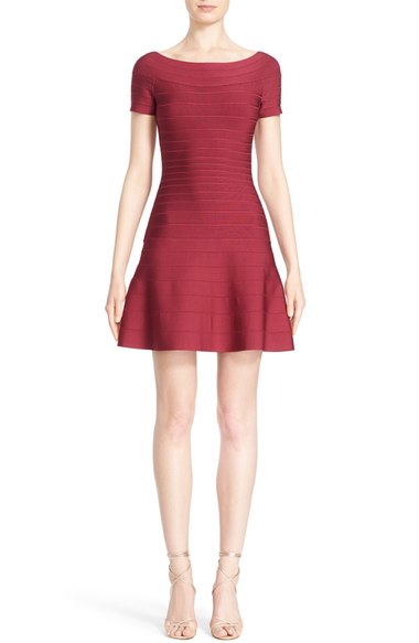 Herve Leger Flared Off Shoulder Bandage Dress Raspberry