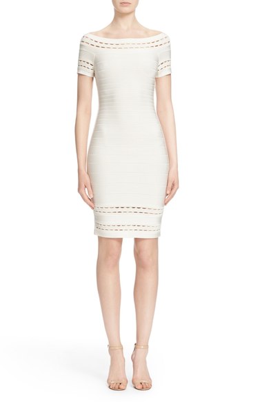 Herve Leger Off the Shoulder Cutout Ottoman Bandage Dress Alabaster of the shoulder kentucky derby dresses