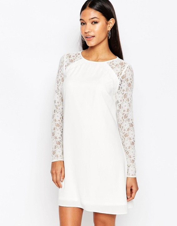 Lipsy A Line Swing Dress With Lace Sleeve Cream