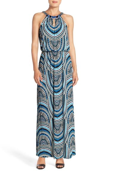 London Times Embellished Jersey Blouson Maxi Dress Blue Multi