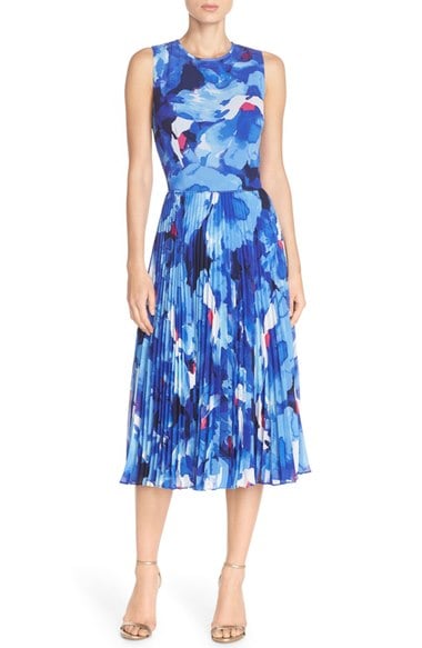 Maggy London Print Chiffon Midi Dress Soft White Royal Blue a-line dresses for the kentucky derby