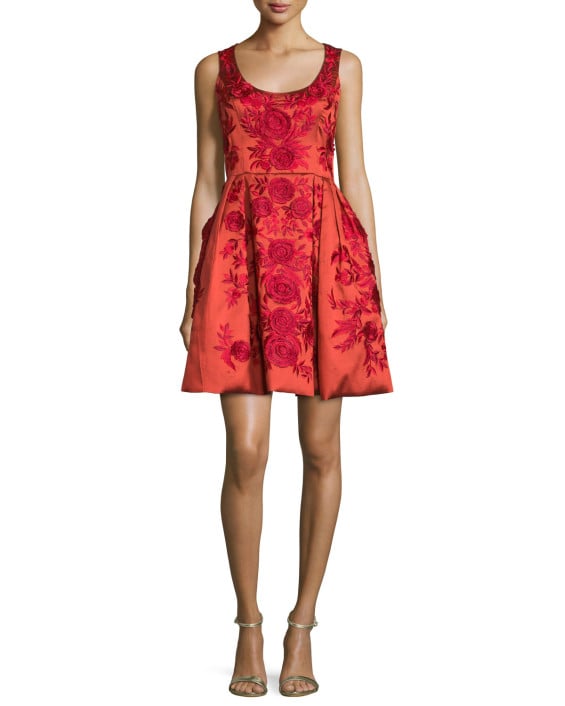 Marchesa Sleeveless Floral-Embroidered Cocktail Dress Red