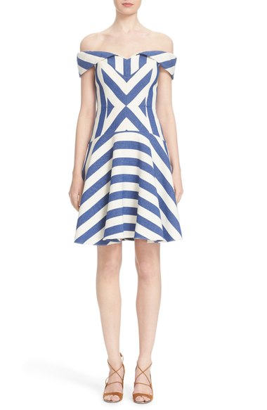Milly 'Mariella' Stripe Off the Shoulder Fit & Flare Dress Blue off the shoulder kentucky derby dresses 2016