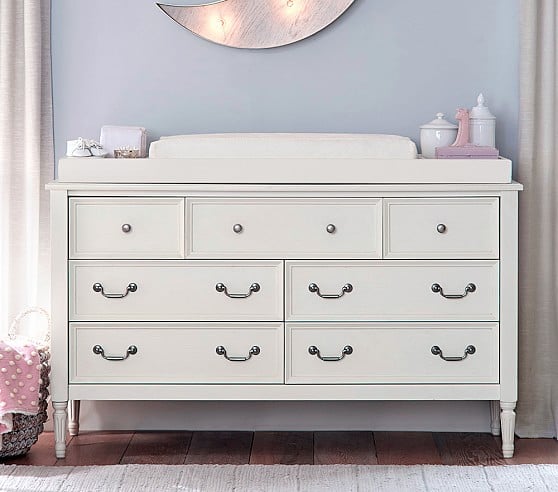 Pottery Barn Blythe Extra Wide Dresser & Topper Set Vintage Simply White Vintage Gray pottery barn nursery furniture sale