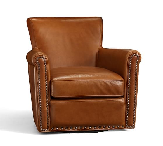 Pottery Barn IRVING LEATHER SWIVEL ARMCHAIR WITH NAILHEADS Leather Stetson Chestnut